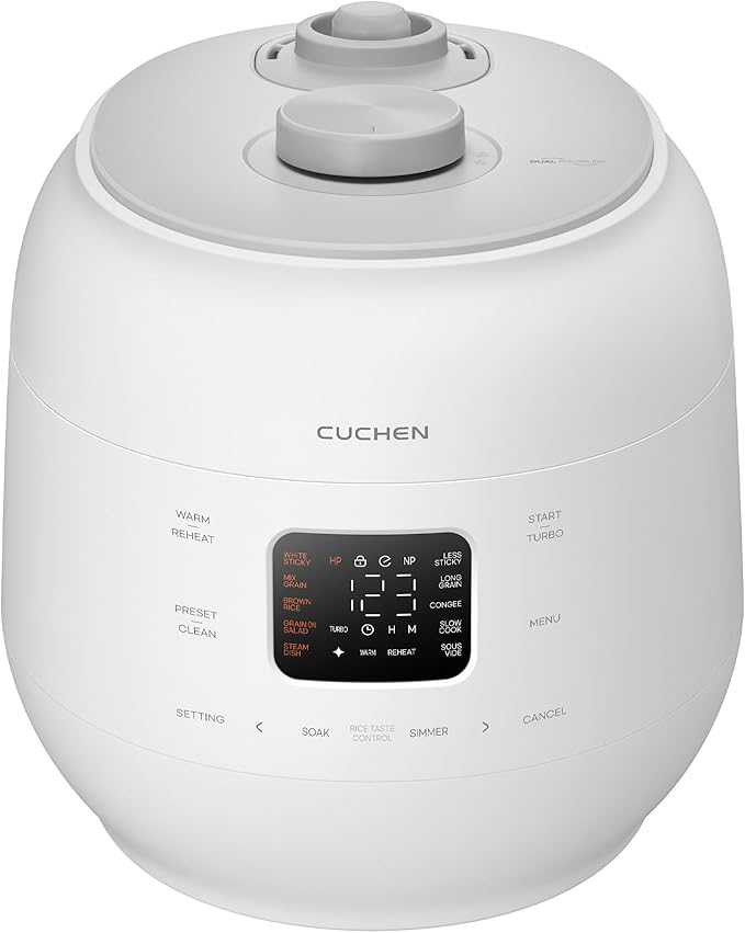 CUCHEN CRS-FWK0640WUS | Automatic Dual Heating Pressure Rice Cooker 6 Cup (Uncooked) (1.14 quarts): 6 person serving / per use | High/Non-Pressure | Triple Power Packing | Easy Open Handle | Stainless Cover | Auto Steam Clean | White