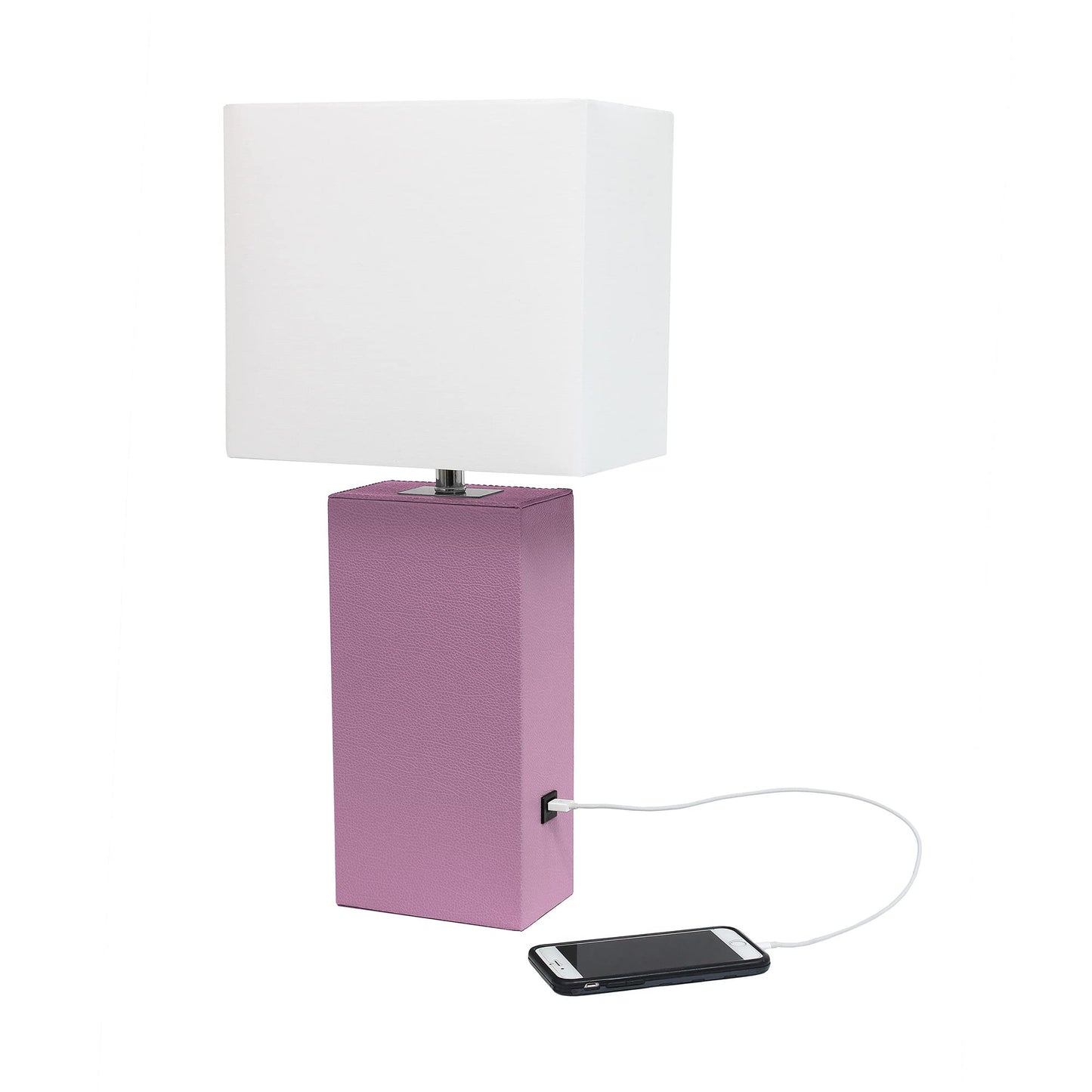 LALIA HOME 21in Leather Base Bedside Table Lamp with USB Charging Port, Purple, Model LHT-3012, Modern Home Décor for Living Room, Bedroom, Office
