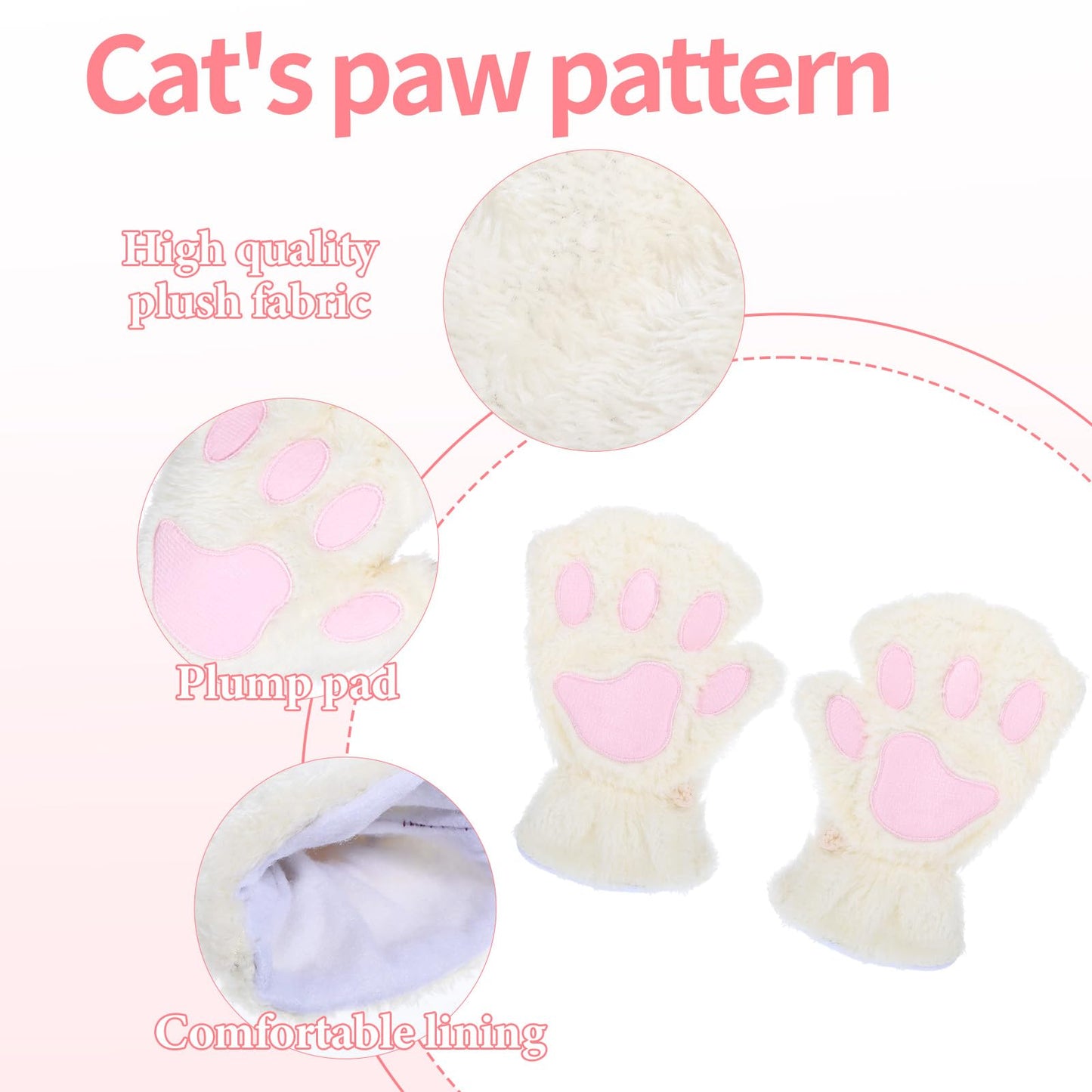 WLLHYF Cat Paws Gloves Fingerless Bear Furry Paw Cute Hand Gear Winter Warm Gloves Halloween Cosplay Costume Accessories (White)