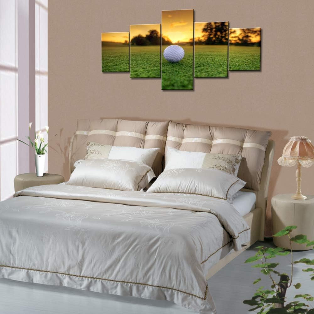 Landscape Pictures Wall Decor Green Golfing Course Wall Art White Golf Ball Artwork for Living Room 5 Piece Canvas Prints Paintings Contemporary House Decorations Framed Ready to Hang(50''Wx24''H)