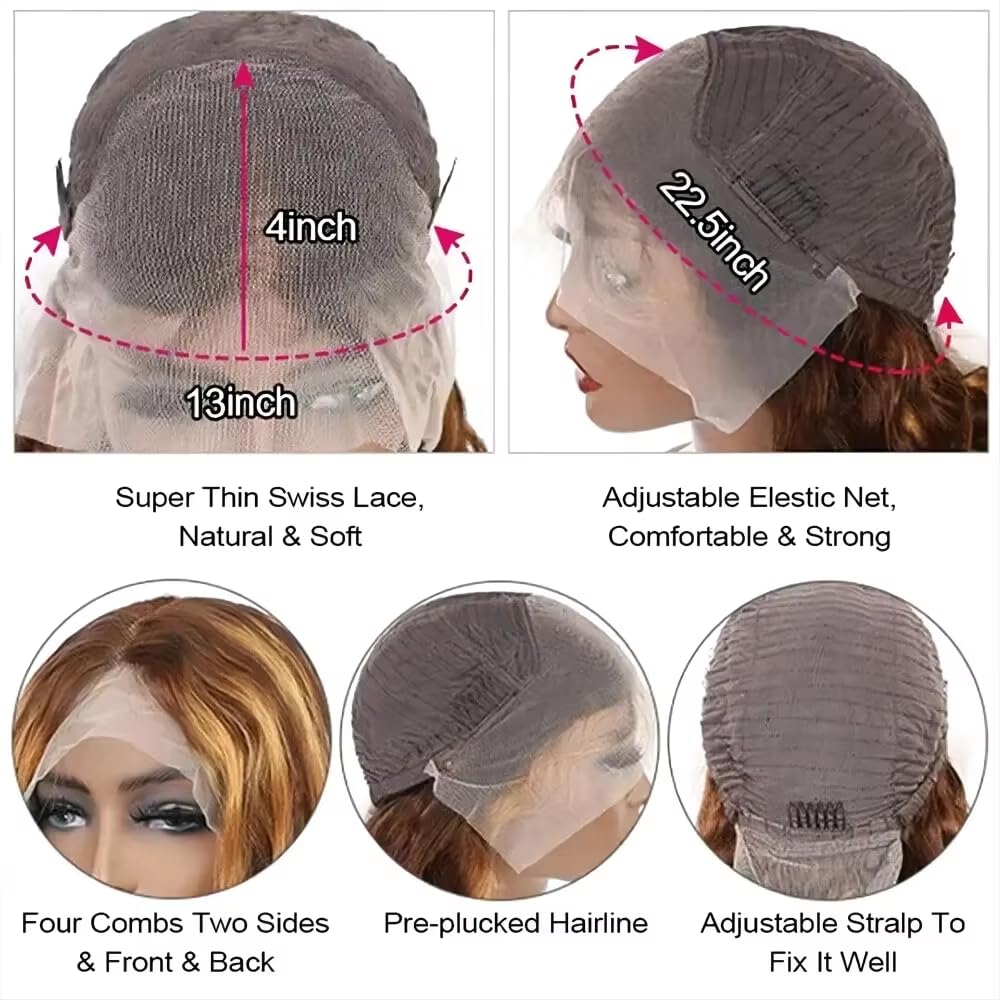 KFgood Ombre Lace Front Wig Human Hair 30inch Highlight 13x4 HD Deep Wave Wig Human Hair 200% Density 4/27 Colored Honey Blonde