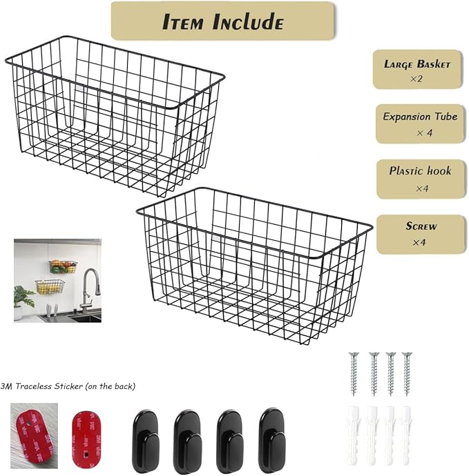 2 Pack【Extra Large】Hanging Kitchen Basket,Wire Storage Basket,with Traceless Tape and 3M High-Strength Plastic Hooks,no Drilling,for Cabinet Storage,Kitchen,Bathroom,Storage Room,large capacity
