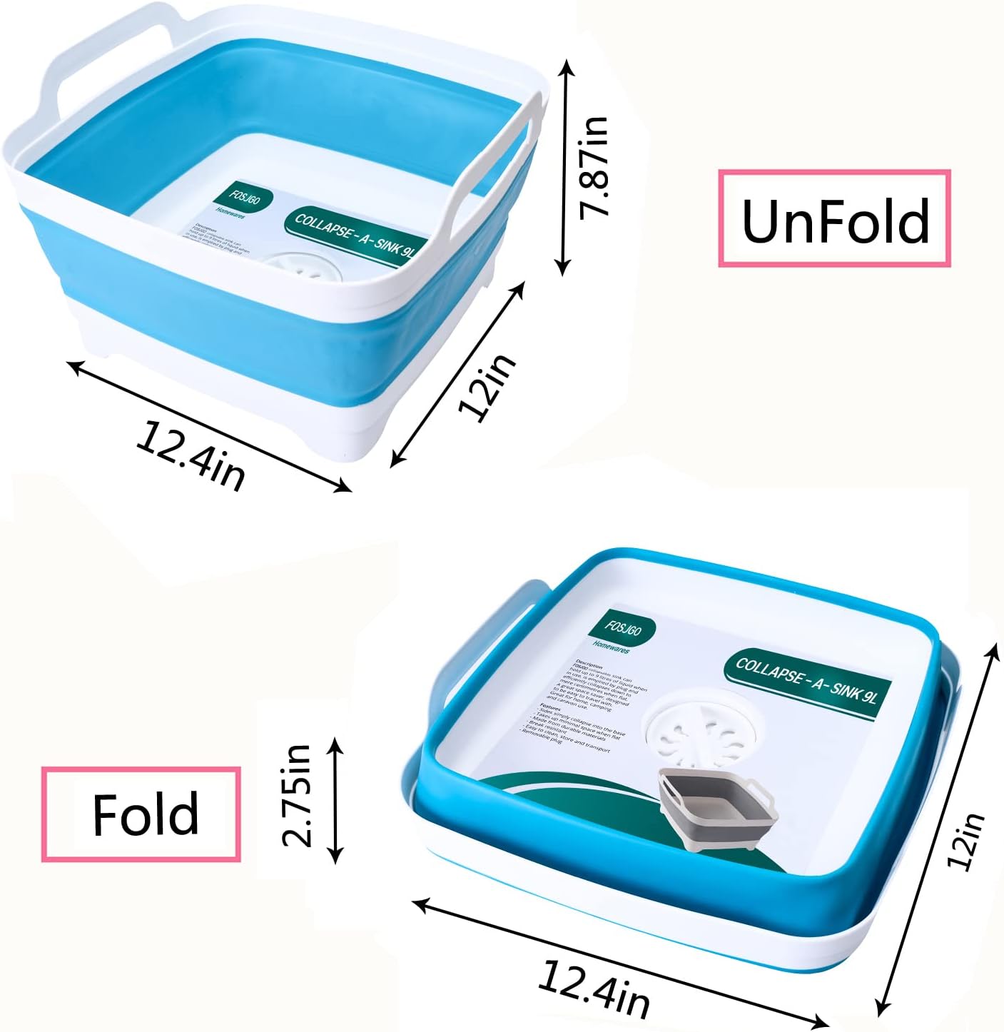 Dish Basin Collapsible with Drain Plug Carry Handles for 9 L Capacity, Collapsible Sink Tub, Dish Wash Basin, Portable Dish Tub, Foldable Dishpan for Camping Dish Washing Tub and RV Sink