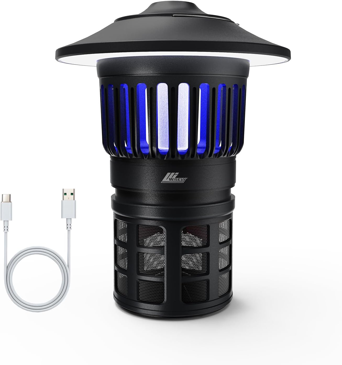 Wisely Fly Traps Outdoor - Rechargeable Cordless Flying Insect Trap IPX4 Waterproof with LED Light Adjustable - Catch Mosquitoes, Flies, Gnats, Wasps for Patio,Camping,Living Room,Home - Black
