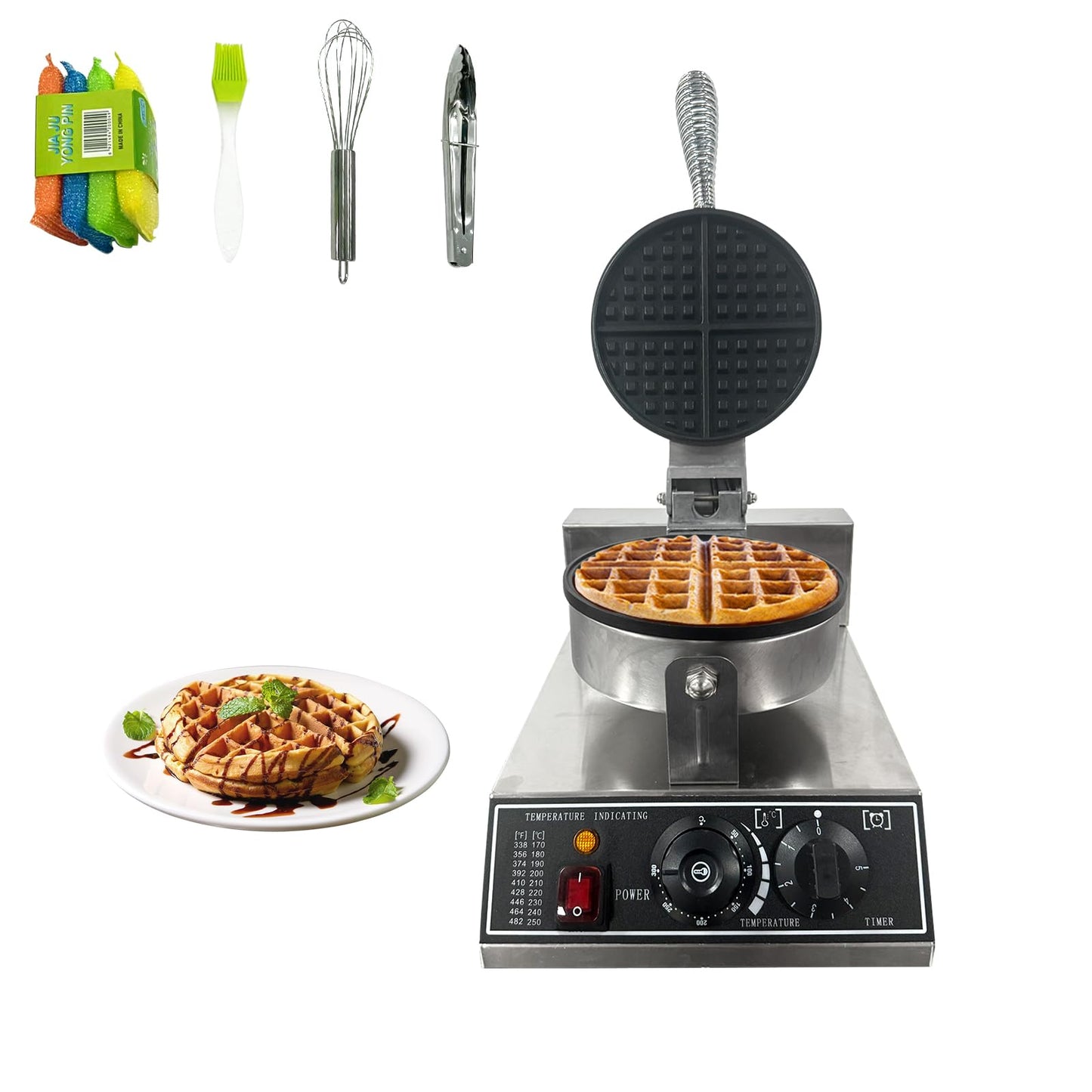 Commercial Waffle Maker, 1200W Stainless Steel Nonstick Round Waffle Iron with 122℉ to 572℉ Temp Range & Time Control, for Household Bakeries Snack Bar