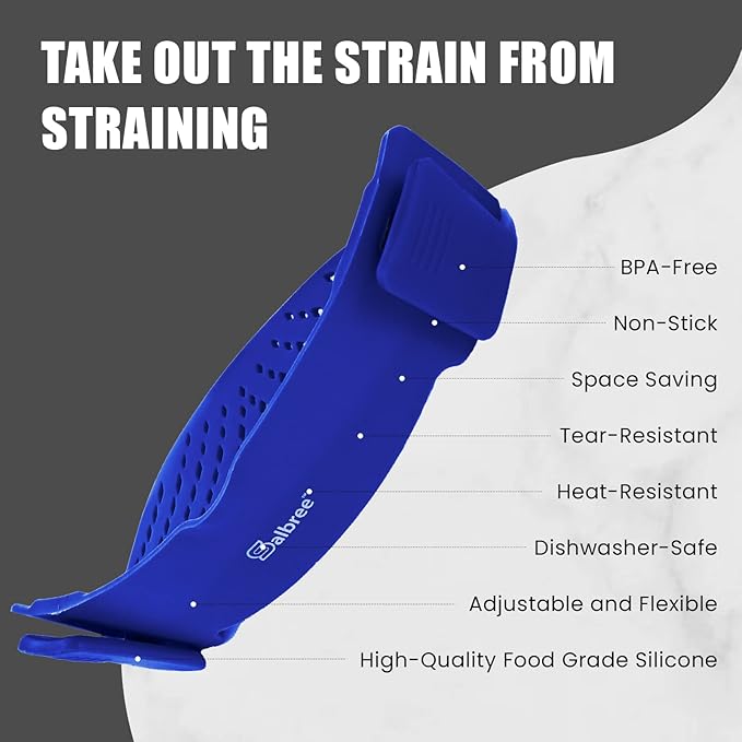 Clip-On Kitchen Food Strainer for Spaghetti, Pasta, Ground Beef Grease, Colander & Sieve Snaps on Bowls, Pots and Pans, Set includes Silicone Strainer, Brush & Garlic Peeler by Salbree (Dark Blue)