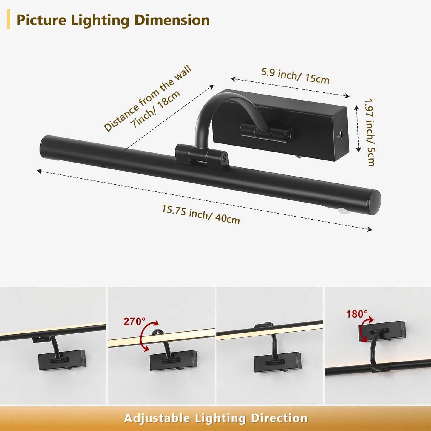 Desoop Wireless Picture Lights Battery Operated  Motion Sensor Black Art Lights Motion Activated Gallery Lighting Auto-Off discomfort-reducingting Lights For Portraits 16 Inch 3W Warm White