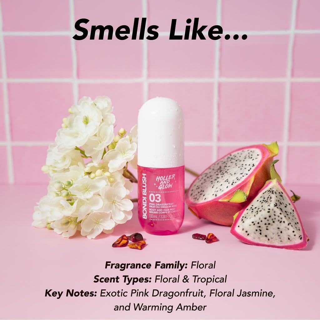 Holler and Glow Bondi Blush Pink Dragonfruit Body & Hair Mist, Body Spray For Women, Hair Perfume For Women, Jasmine, Amber Scented, Floral & Tropical, Travel Sized, 3.38 Fl Oz