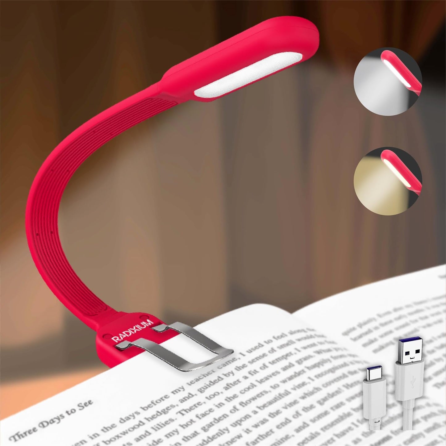 Radixium Slim Rechargeable Book Reading Light  Eye Caring Led With 4 Color Temperatures  Portable Clip On Book Light For Reading In Bed & Travelling. Prefect Elegant White Gift For Book Lover.(Pink)