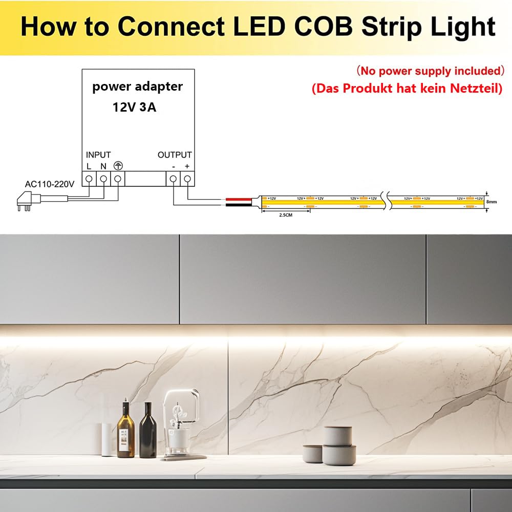Topai 12V Cob Led Strip Light, 5000K Daylight White, 4000Lm, 16.4Ft, Ip65 Waterproof, Flexible, High Density, Model Cobw