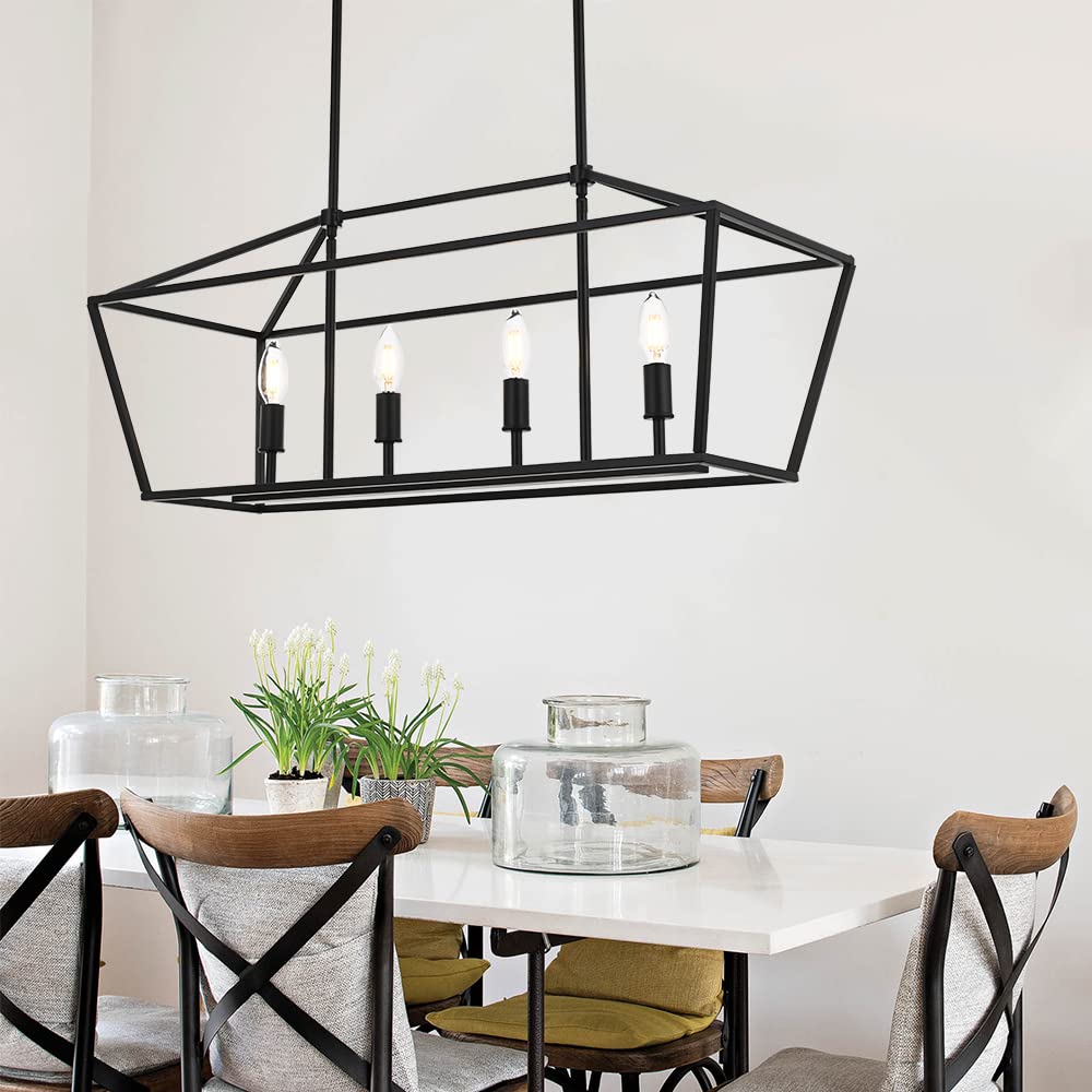 Winshen 4-Lights Rustic Chandelier For Dining Room  32-Inches Width Pendant Lighting For Kitchen Island In Black Finish