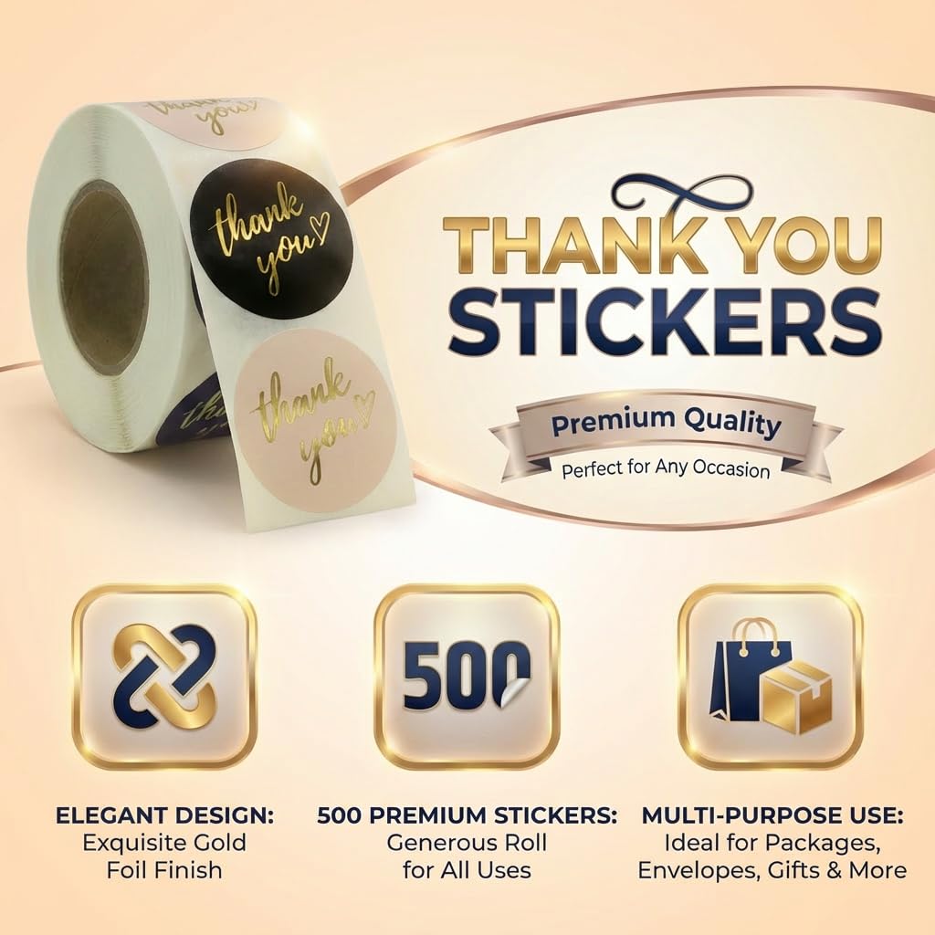 500 PCS Thank You Stickers Roll – 1.5 Inch Round Gold Foil Stickers with Heart Design, 4 Colors (Black, White, Pink, Navy) for Small Business Packaging, Envelopes, Gift Bags, Shipping Boxes