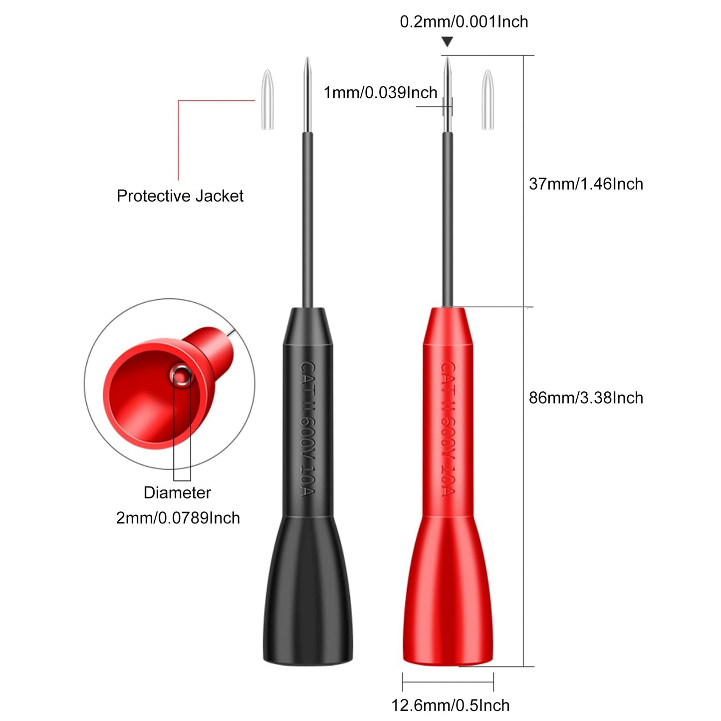 4 Pack 2mm Extended Needle Test Probes, 600V/10A Non-Destructive Insulation Wire Piercing Needle Stainless Steel Extra Thin Electrical Needle multimeter Probe for Fluke Meter Test Lead (Black-Red)