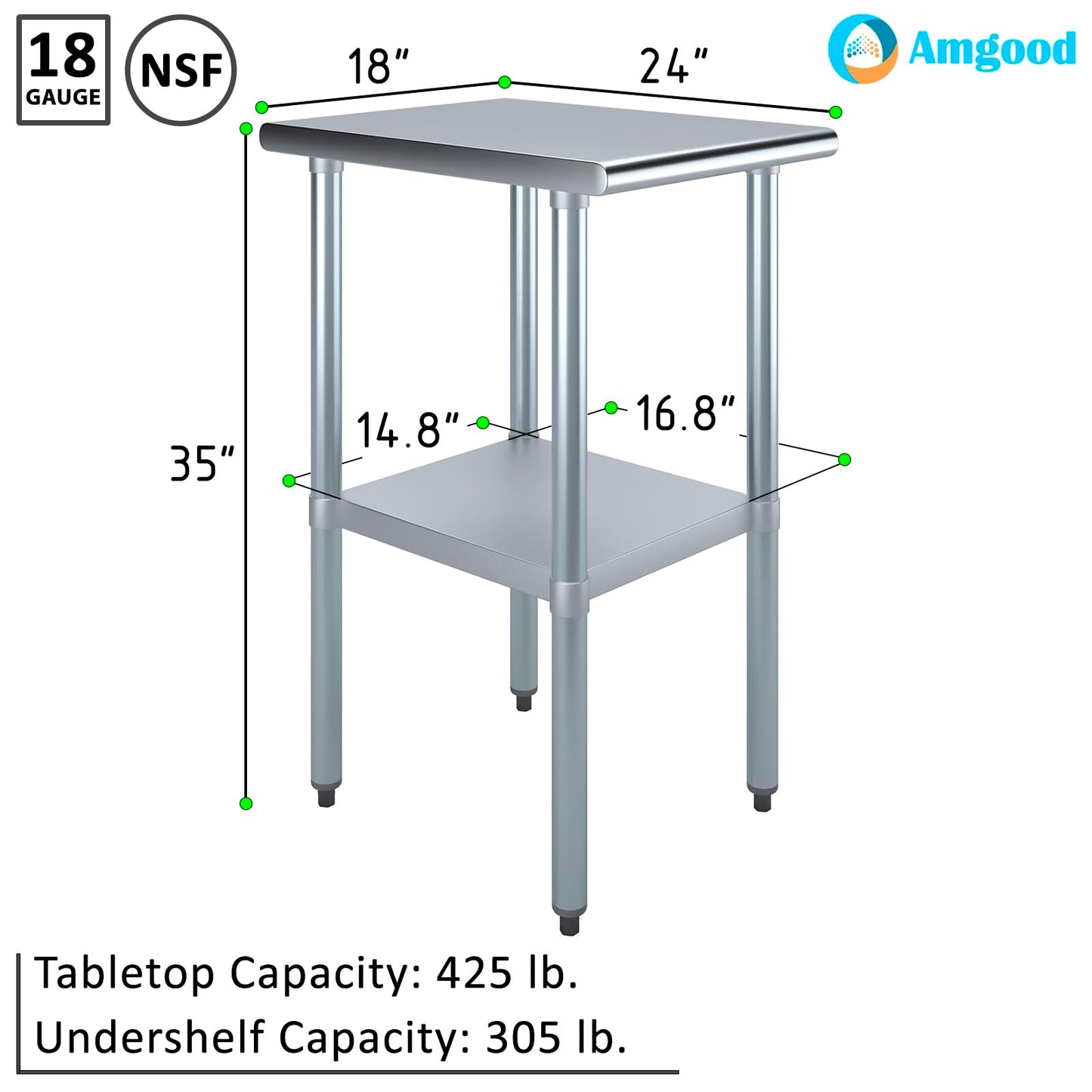 AmGood 24 in. x 18 in. Stainless Steel Work Table | Metal Kitchen Food Prep Table | NSF