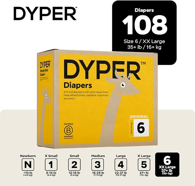 DYPER Baby Diapers Size 6 (192 Count) – Plant-Based, Hypoallergenic, Fragrance Free & Ultra Absorbent Disposable Diapers for Day and Overnight Skin Protection, Monthly Pack Size 6 Diapers