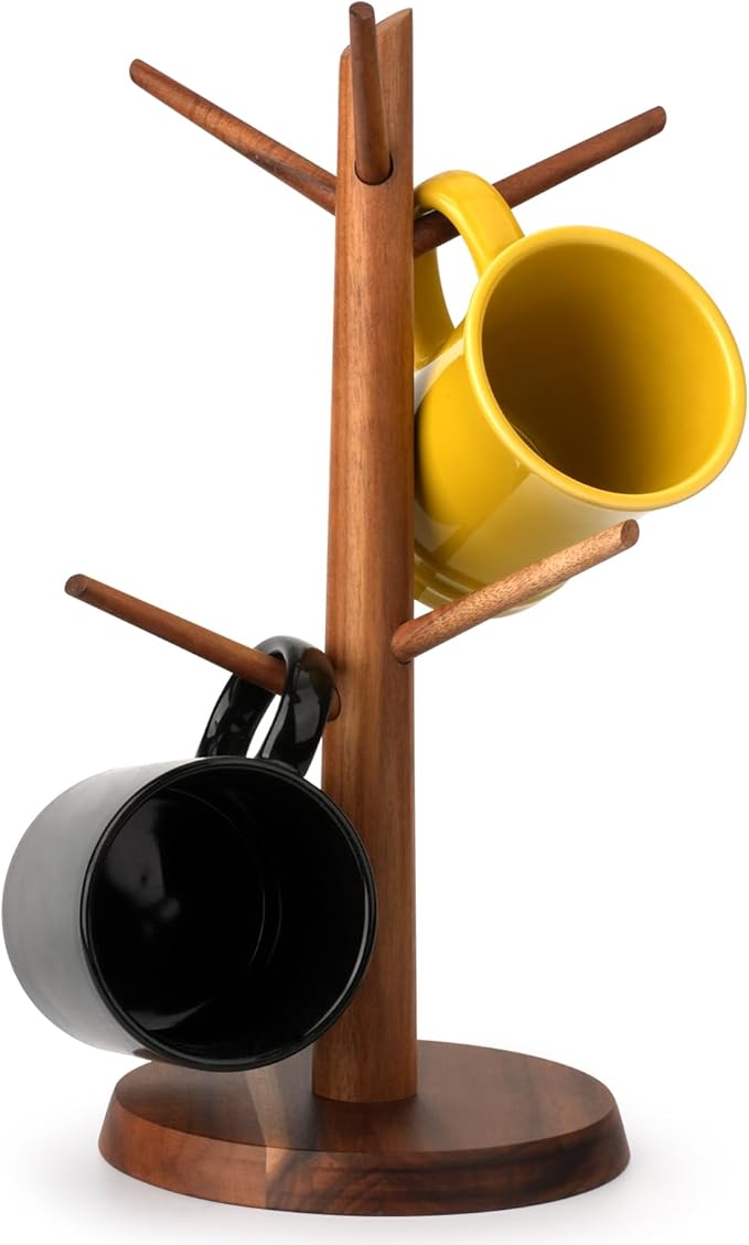 Acacia Wood Mug Holder Tree, 6 Hooks Wooden Mug Organizer for Kitchen Counter & Coffee Bar, Easy to Assemble, Natural Wood Color, Ideal for Small to Medium Mugs