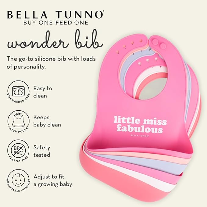 Bella Tunno Wonder Bib 2pk - Adjustable Silicone Baby Bibs for Girls & Boys, Durable and Waterproof BPA Free Silicone, Belly & Got Snacks