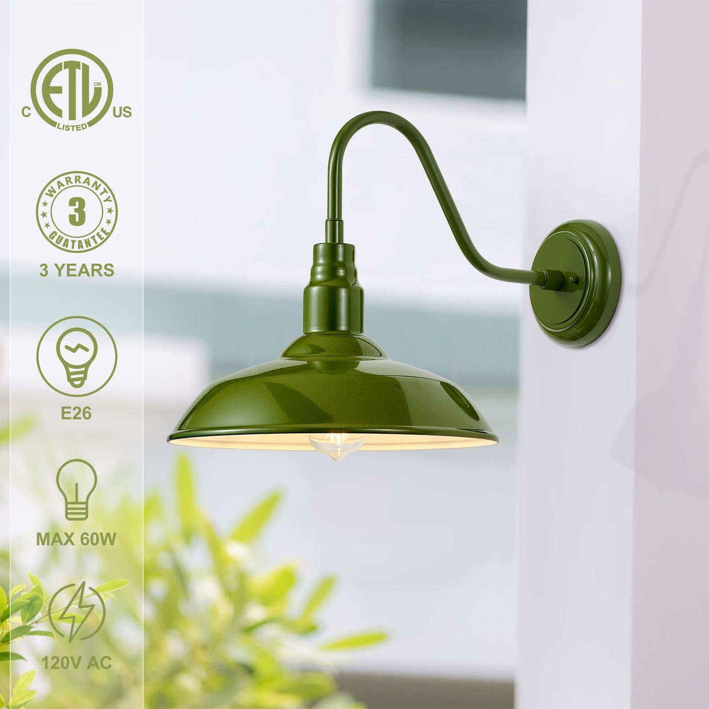 GOALPLUS Gooseneck Wall Light Fixture, 14in Dome, Olive Green, Metal, Model LM2202-AG, Outdoor Barn Style Sconce for Porch, Garage, House