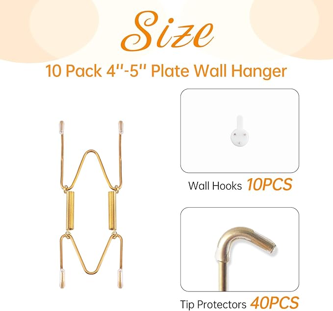 Bilillo 10 Pack Plate Hangers for Wall, Suitable for 4-5 Inch Decorative Plates, Invisible Stainless Steel Heavy Duty Wire Holders with Springs and 10 Pcs Wall Hooks for Displaying Dishes and Platters