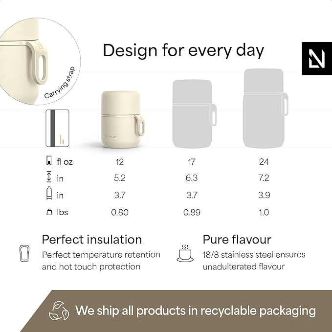 LARS NYSØM Stainless Steel Vacuum Insulated Food Jar - Leakproof Lunch Pot & Lunch Jar for Hot and Cold Food, Wide Mouth, Portable Soup Container for Work & Travel (Almond Beige, 12oz)