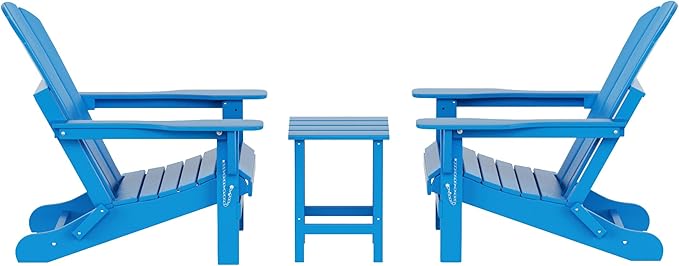 WO Home Furniture Adirondack Chairs Table Set of 3 PCS Outdoor Folding Chairs Side End Table Weather/UV Resistant for Lawn, Garden, Bon Fire, Balcony (Pacific Blue)