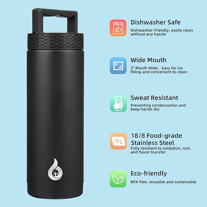 BJPKPK Insulated Water Bottles, Dishwasher Safe 18 oz Water Bottle with Handle, Leakproof BPA Free Thermal Flasks, Stainless Steel Jug for Sports, Black