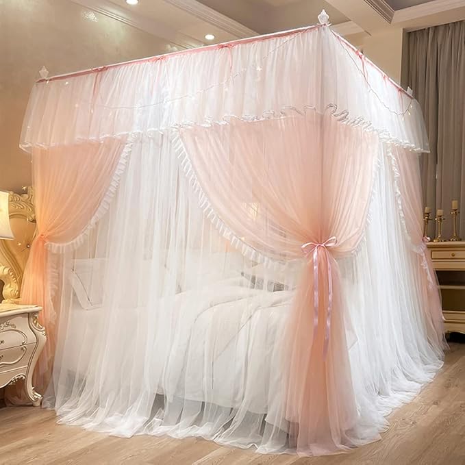 Mengersi Canopy Bed Curtains with Lights,4 Corner Bed Canopy Royal Luxurious Bed Drapes Netting,Princess Bed Curtains for Girls Adults Bedroom Decoration (Peach, Full)