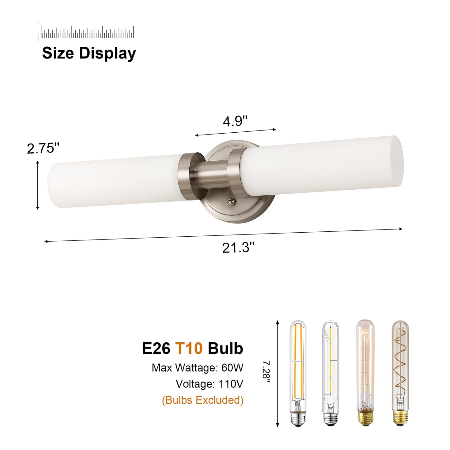 SANTOSTOCK Brushed Nickel Bathroom Light Fixtures, 2-Light Vanity Lights W/White Glass Shade, Modern Sconces Wall Lighting for Mirror Kitchen Bedroom Hallway Living Room, E26 T10 Bulbs(Excluded)