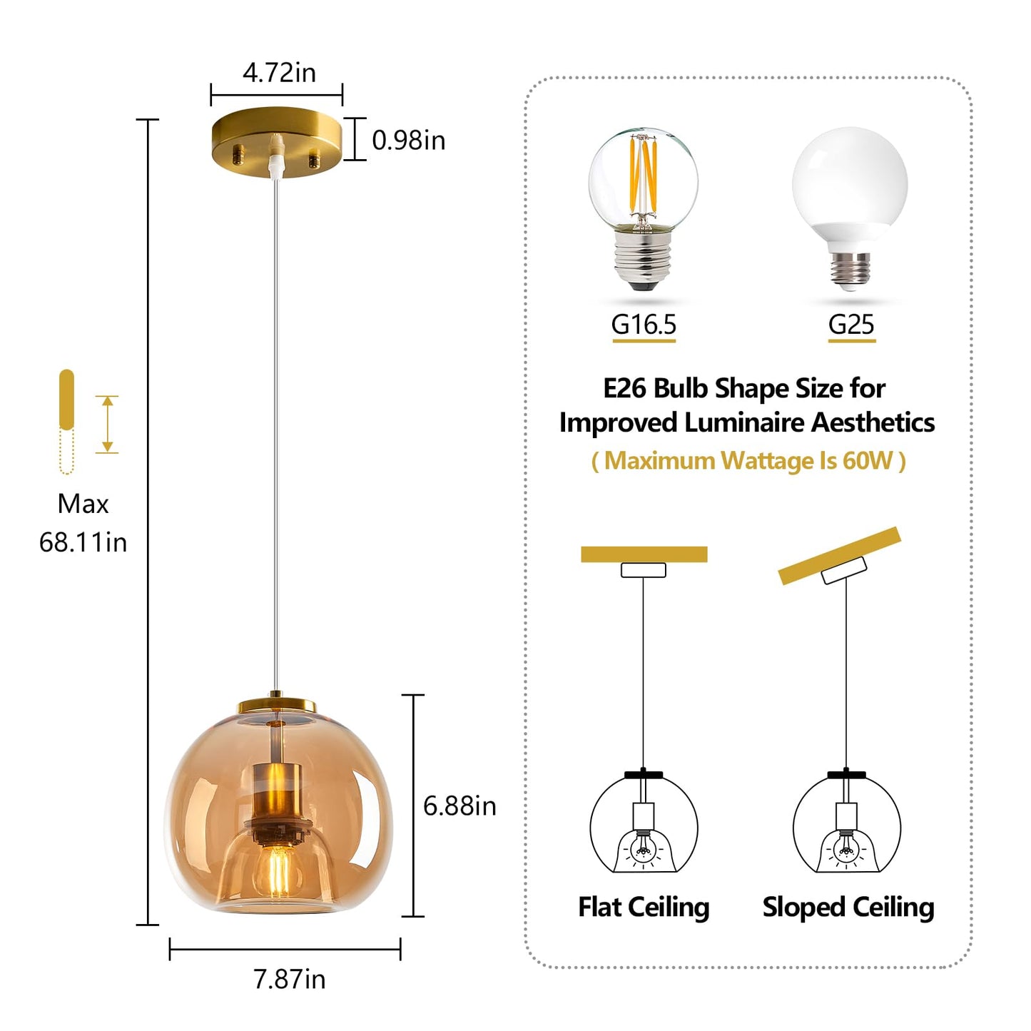 Lbsqj Amber Glass Pendant Lights Kitchen Island Gold Hanging Light Fixture Glass Globe Pendant Light Modern Pendant Lighting For Kitchen Island Bedroom Dining Room (7.87  1 Pack)