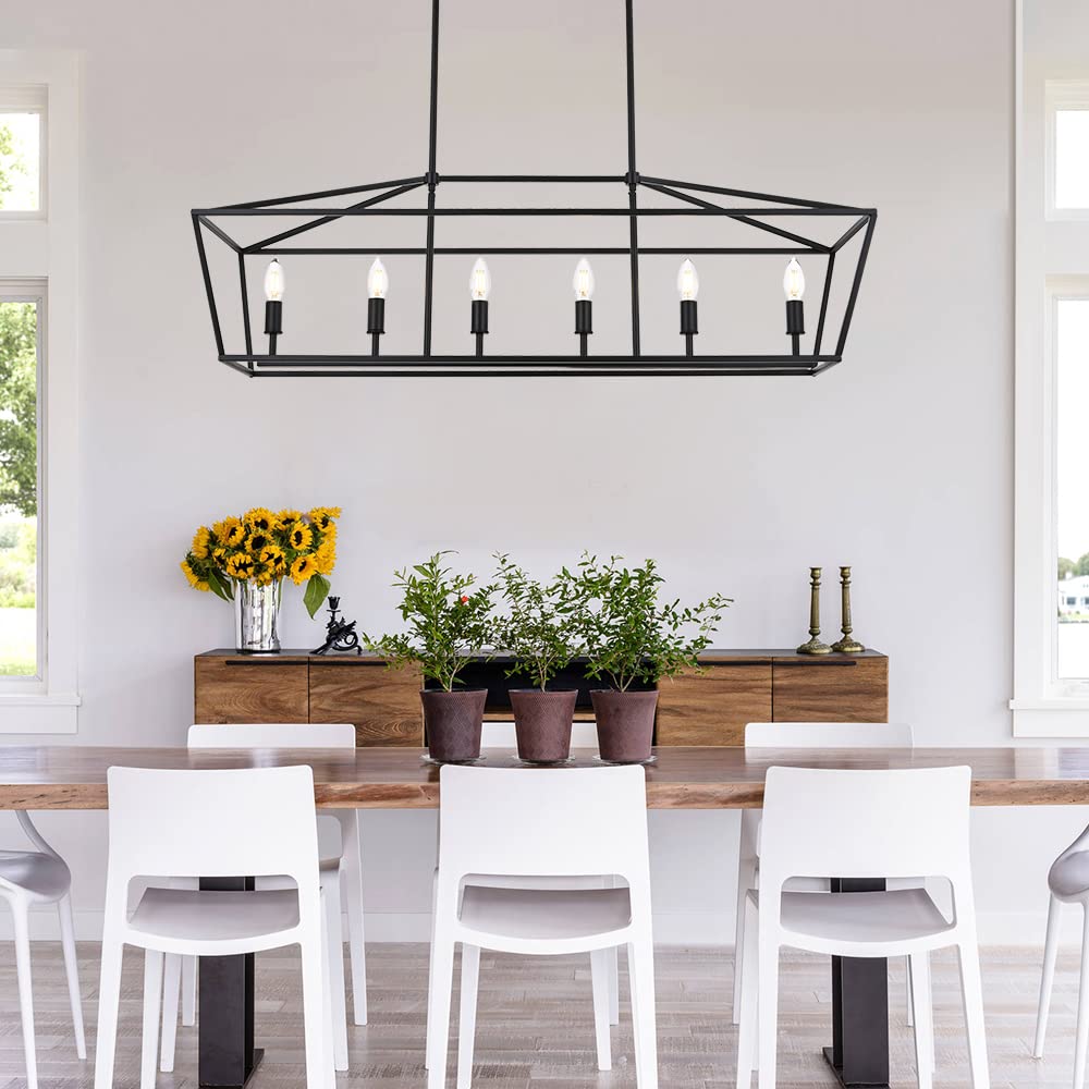 Winshen 6-Lights Kitchen Island Pendant Lighting In Black Finish  42-Inches Width Farmhouse Light Fixtures Ceiling Hanging For Dining Room Pool Table