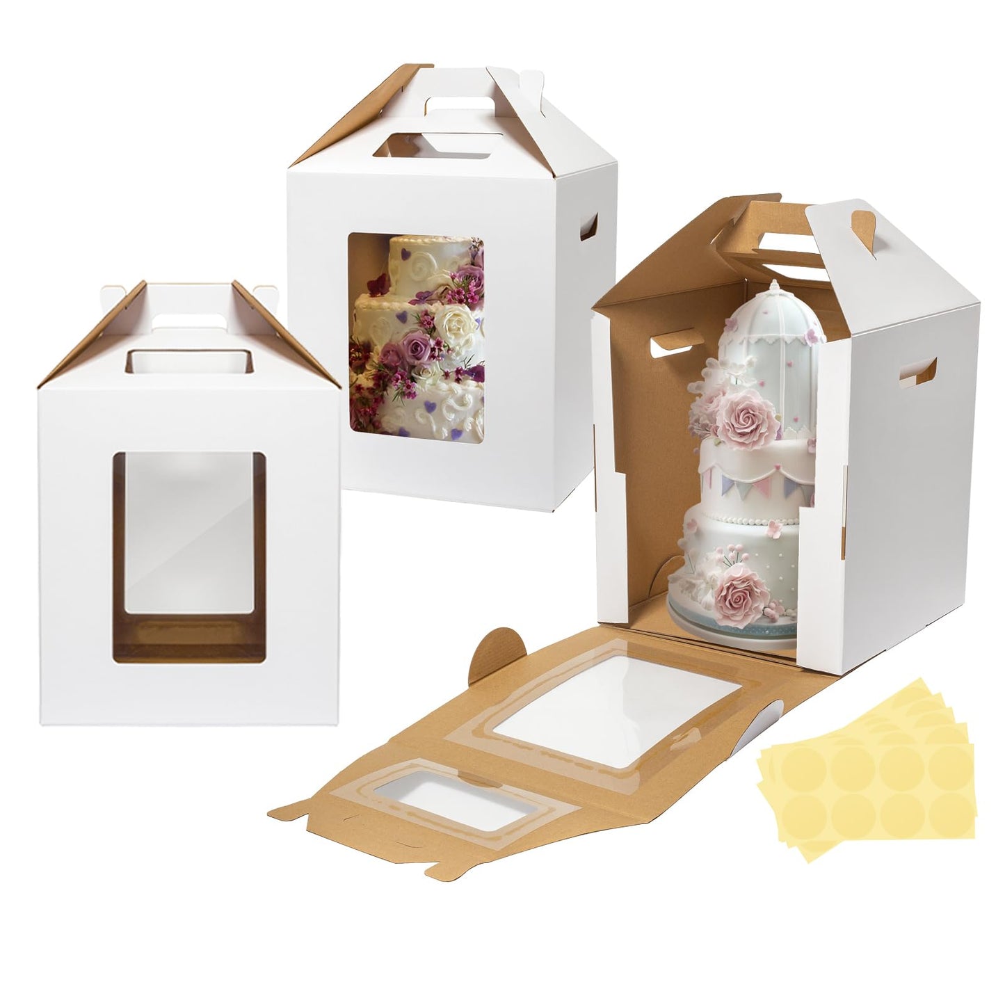 Wowxyz 3 Pack Tall Cake Boxes for Tier Cakes 10x10x12 Inch Disposable Layer Tall Cake Baking with Window Large Tierd Bakery Take Out Transport Containers with Handle for Wedding, Birthday, Party