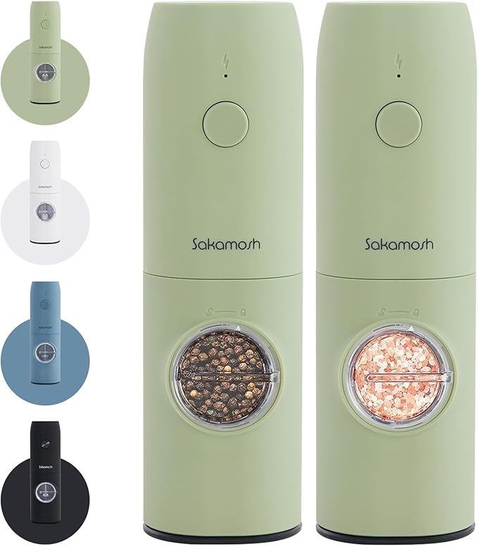 Electric Salt and Pepper Grinder Set, Rechargeable,Adjustable Coarseness with LED Light, Electric Salt Shakers Refillable, Christmas Gift(2 Packs, Sage Green)