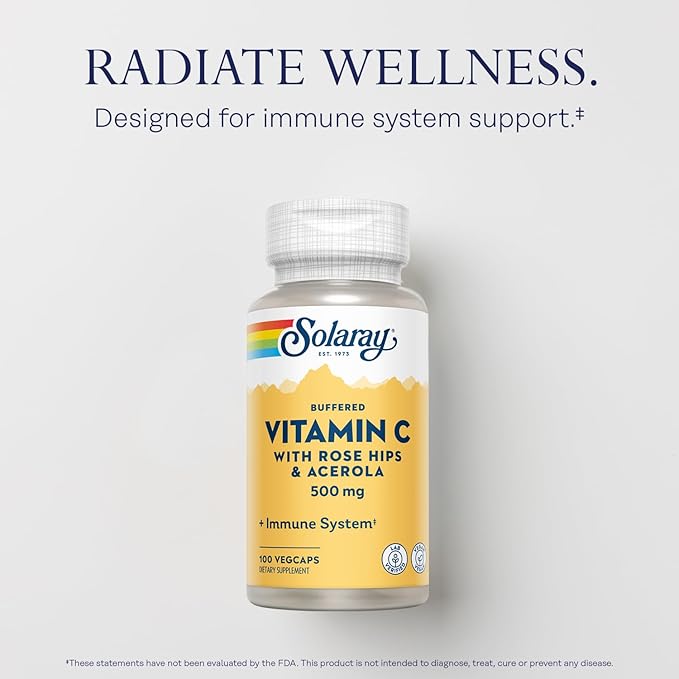 SOLARAY Buffered Vitamin C 500mg - Plus Rose HIPS and Acerola - Immune Support Supplement - Vegan, Lab Verified, 60-Day Guarantee - 100 Servings, 100 VegCaps