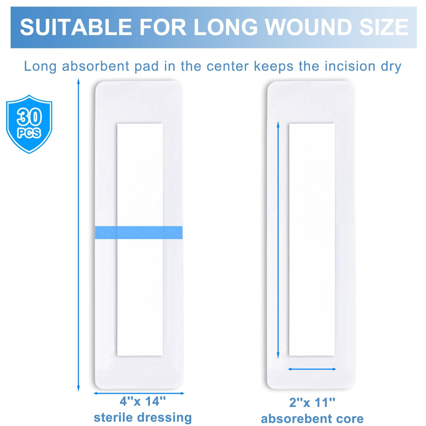 30 Pack 4"x14" Waterproof Adhesive Island Dressing for Post-Surgery Recovery | Sterile Bordered Gauze Bandages with Non-Stick Pad for Knee/Hip Replacement, Surgical Incision Care & Shower Protection