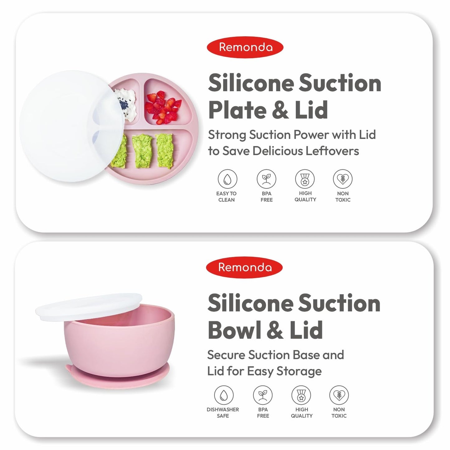 Remonda 23-Piece BPA-Free Silicone Baby Feeding Set | Extra Large Suction Plates, Toddler Bowls, Self Feeding Spoons, and More | Dishwasher Safe| Baby Led Weaning Supplies (Pink)