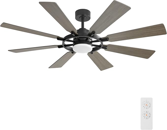 80" Ceiling Fan with Lights and Remote Control, Wood 8 Blades 6-Speed Noiseless Reversible DC Motor, 3 Downrods, Modern Indoor/Outdoor Ceiling fan for Office Porch Dining Living Room, Black+Wood