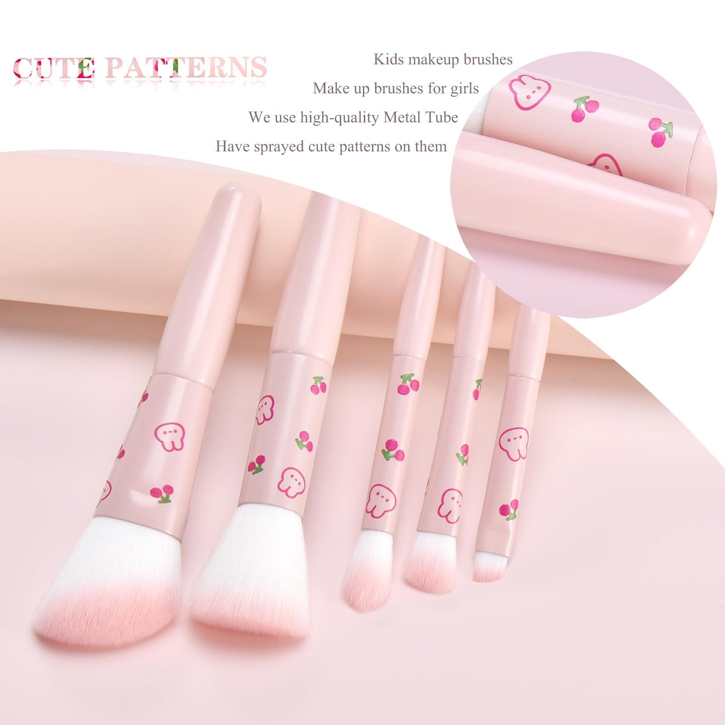 5Pcs Pink Printed Travel Makeup Brushes With Bag and 5Pcs Finger Puff Cosmetic Tool Kit Soft synthetic Fiber for Foundation, Pow