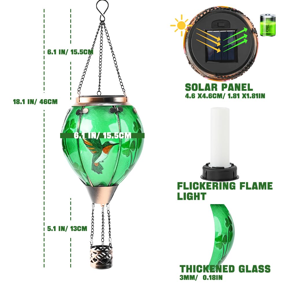 St Patricks Hot Air Balloon Solar Lantern - PatrickS Shamrock Glass Lantern  Simulated Flickering & Dancing Flame  Outdoor Hummingbird Hanging Yard Light For Patio Porch Decor Irish Clover Gift