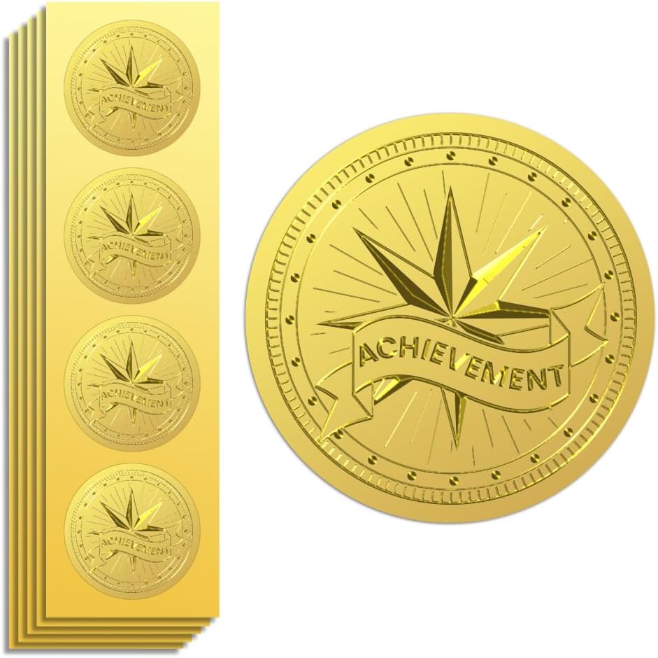 Peacoblue Gold Foil Stickers Seals Official Embossed 2 Inch 100Pcs Achievements Star, Self Adhesive Gold Around Embossing Medal Stickers for Certificate Paper, Achievements and Awards, Envelope Seals