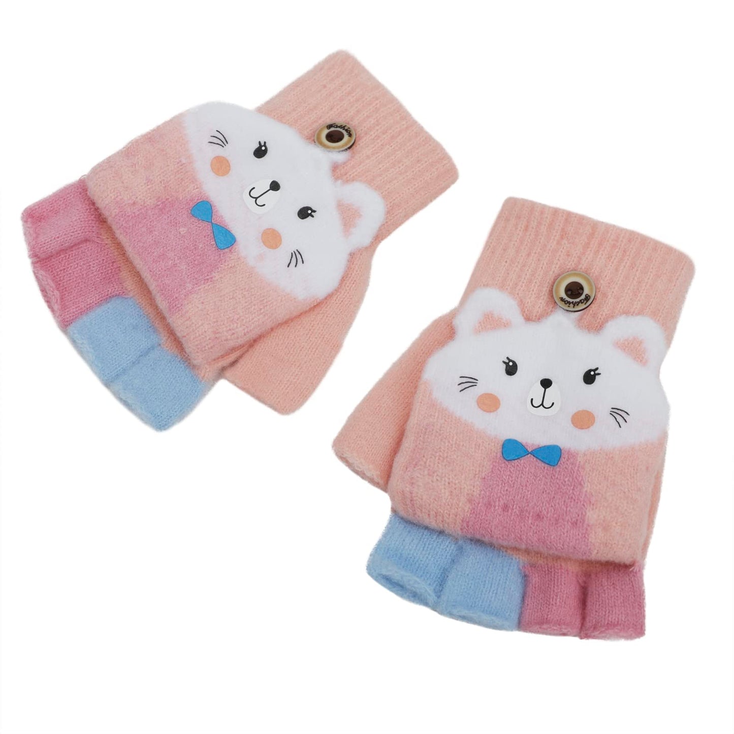 Cartoon Convertible Flip Top Gloves Toddler Kids Winter Wool Knit Fingerless Gloves with Mitten Cover for Girls Boys 2-15 Yrs (Pink Cat Kitten, For Girls boys 4-12 Years)