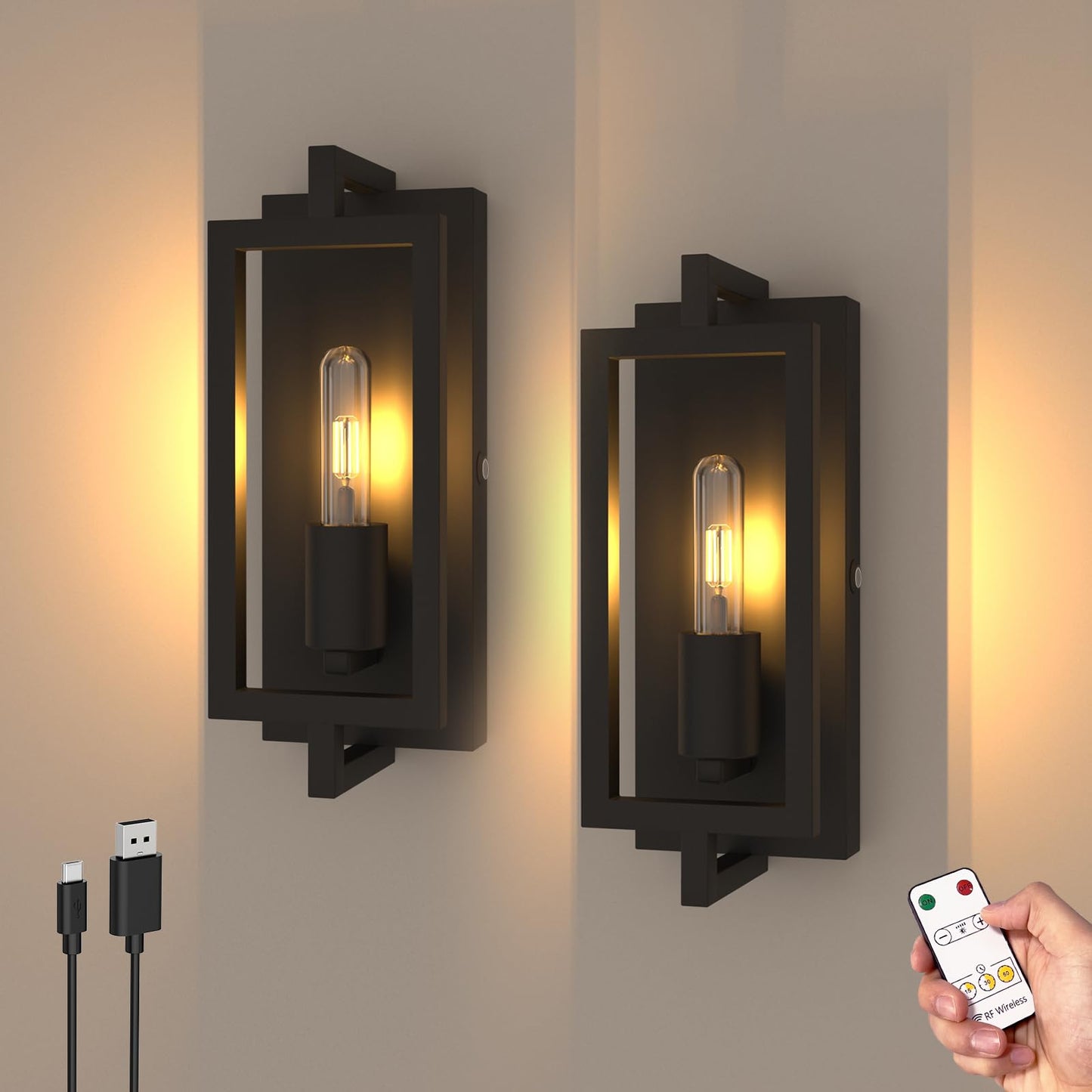 ThyFenno Vintage Wall Lights with Remote Control, Dimmable, Rechargeable, Matte Black Finish, Easy Install