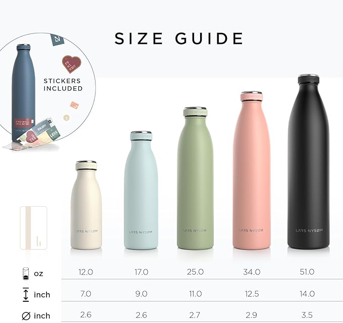 LARS NYSØM Stainless Steel Insulated Water Bottle 12oz 17oz 25oz 34oz 51oz | BPA-free Insulated Thermo Flask for Hot and Cold Beverages | Leakproof Drinking Bottle (Cool Grey, 34oz)