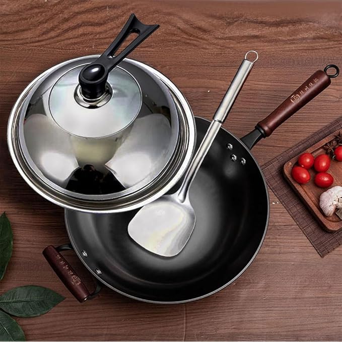 14inch Cast Iron Flat-bottom Wok, Traditional Chinese Cooking Pan, Saute Stir-Fry Cookware with Wooden Handle, Physical Non Stick, Use on Induction, Electric, Gas, Open Fire,BBQ,Grill &Camping