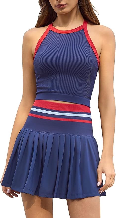QINSEN Tennis Skirt Set for Women High Waisted Pleated Athletic Pickleball Skirt with Shorts Padded Tank Top 2 Piece Outfits