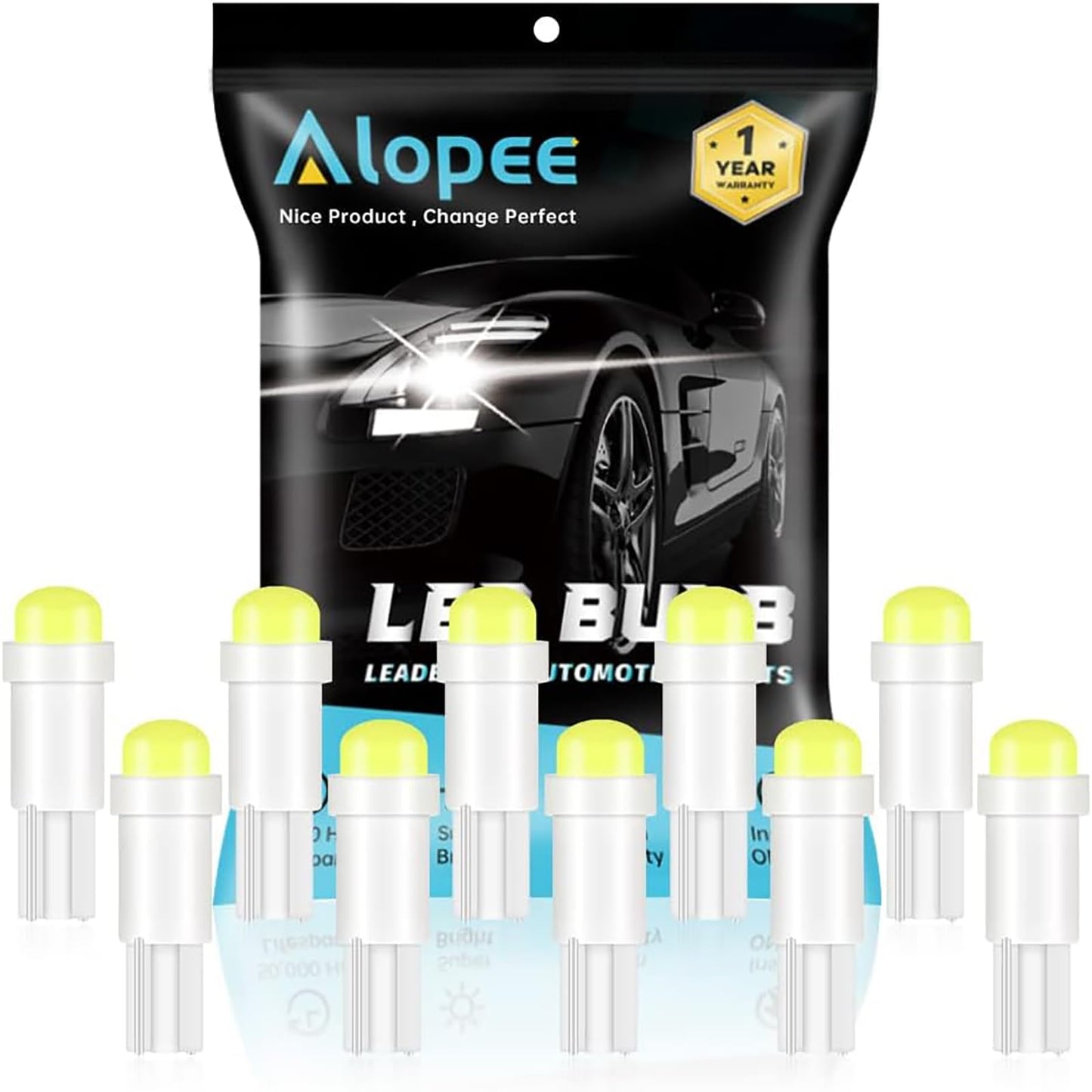 Alopee T5 Led Bulbs, 10Pcs Bright White 1Smd, Polycarbonate, For Car Instrument Cluster & Door Light, Dc 12V