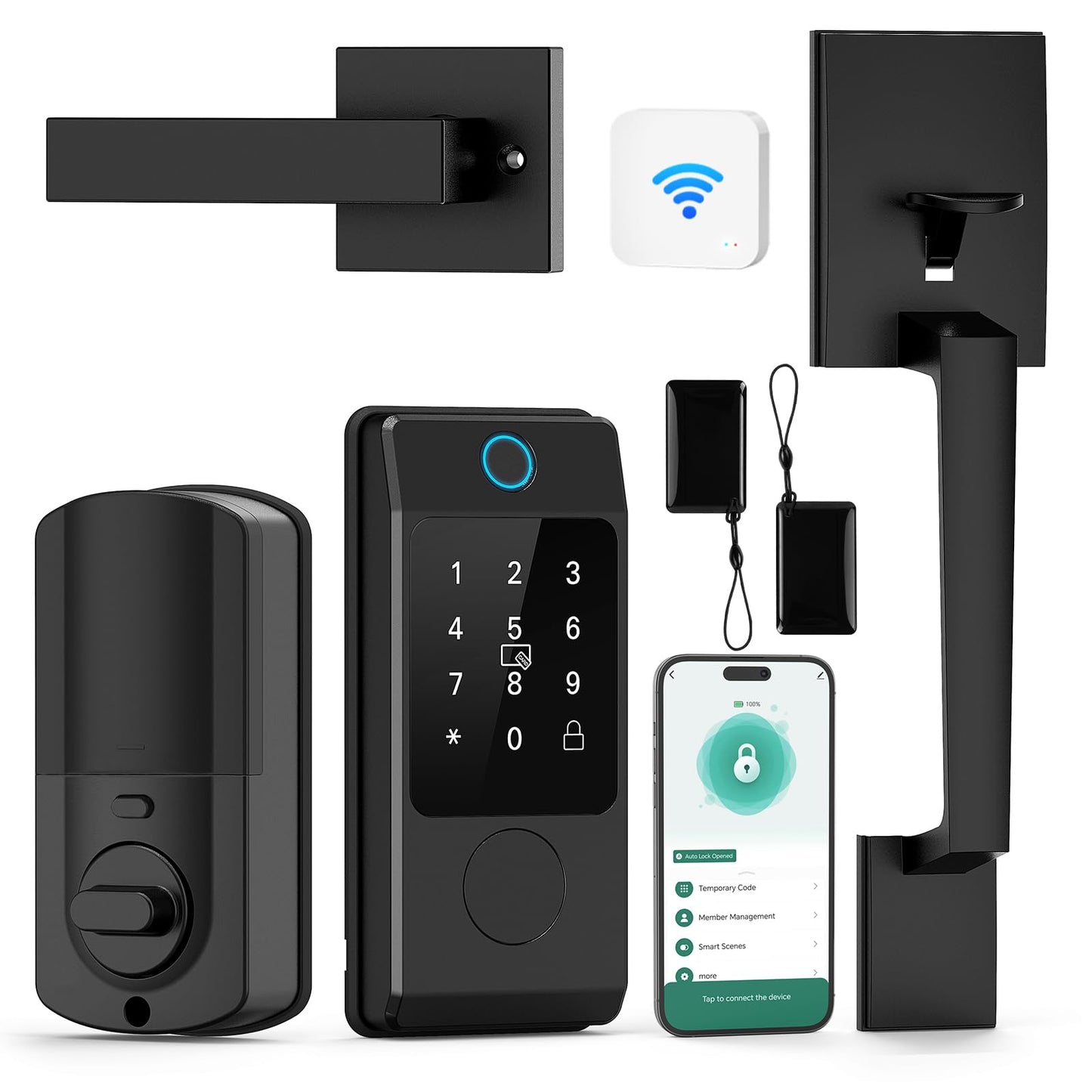 WiFi Front Door Lock Set with Handle, Featuring Fingerprint Keyless Entry, Smart Keypad with Lever Handles, Electronic Screen + WiFi Gateway, App Control, Auto-Lock, and Voice Control