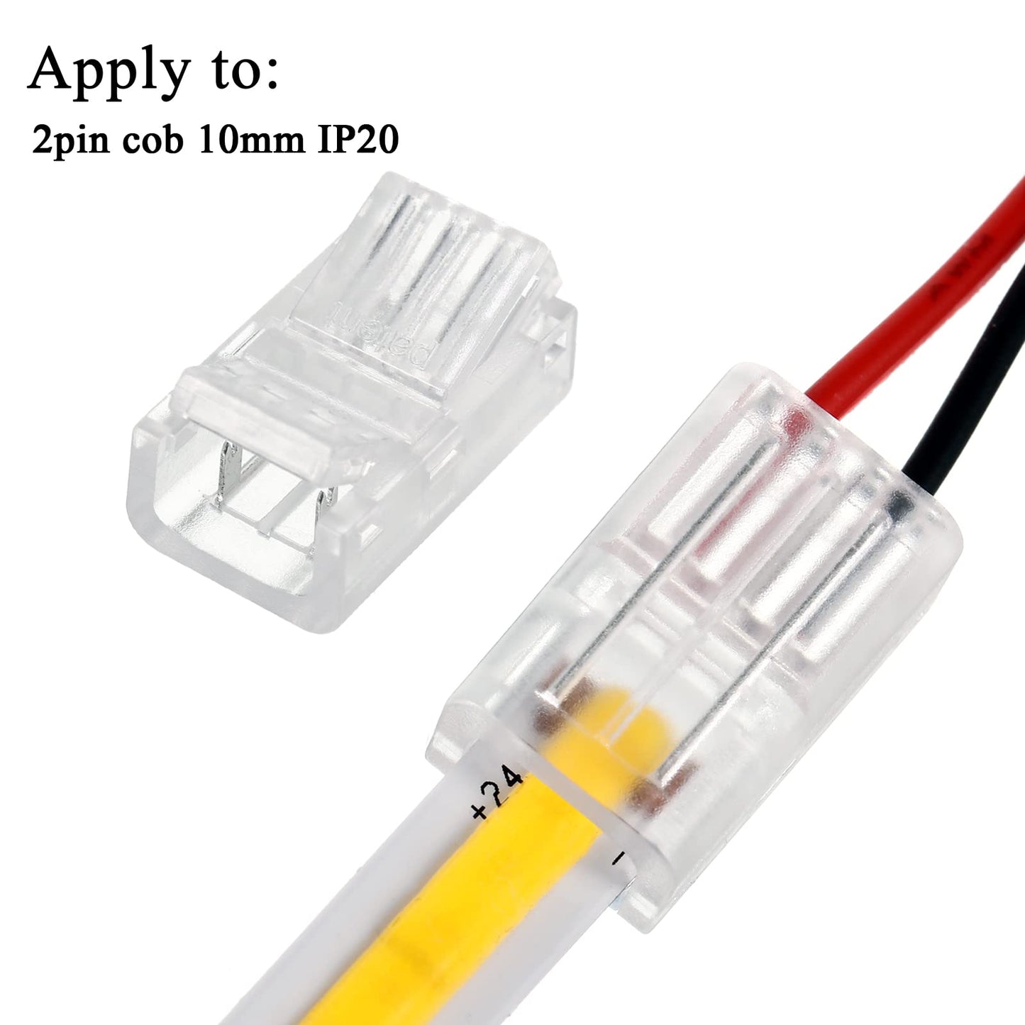 Flutesan COB LED Strip to Wire Connector 20 Pieces Waterproof LED Adapter Connectors Transparent Solderless LED Light Strip for Unwired Gapless Track Lighting(2 Pin, 10 mm)