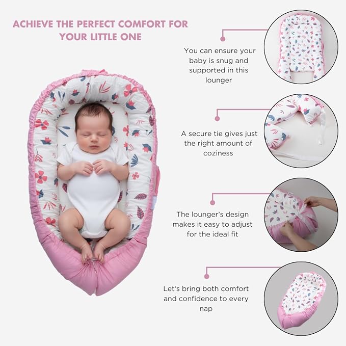 TKC Baby Lounger 0-24 Months | Adjustable Infant Lounger | Breathable Organic Cotton Cover | Reversible Floral Pattern | Includes Matching Swaddle Blanket | Portable Baby Nest