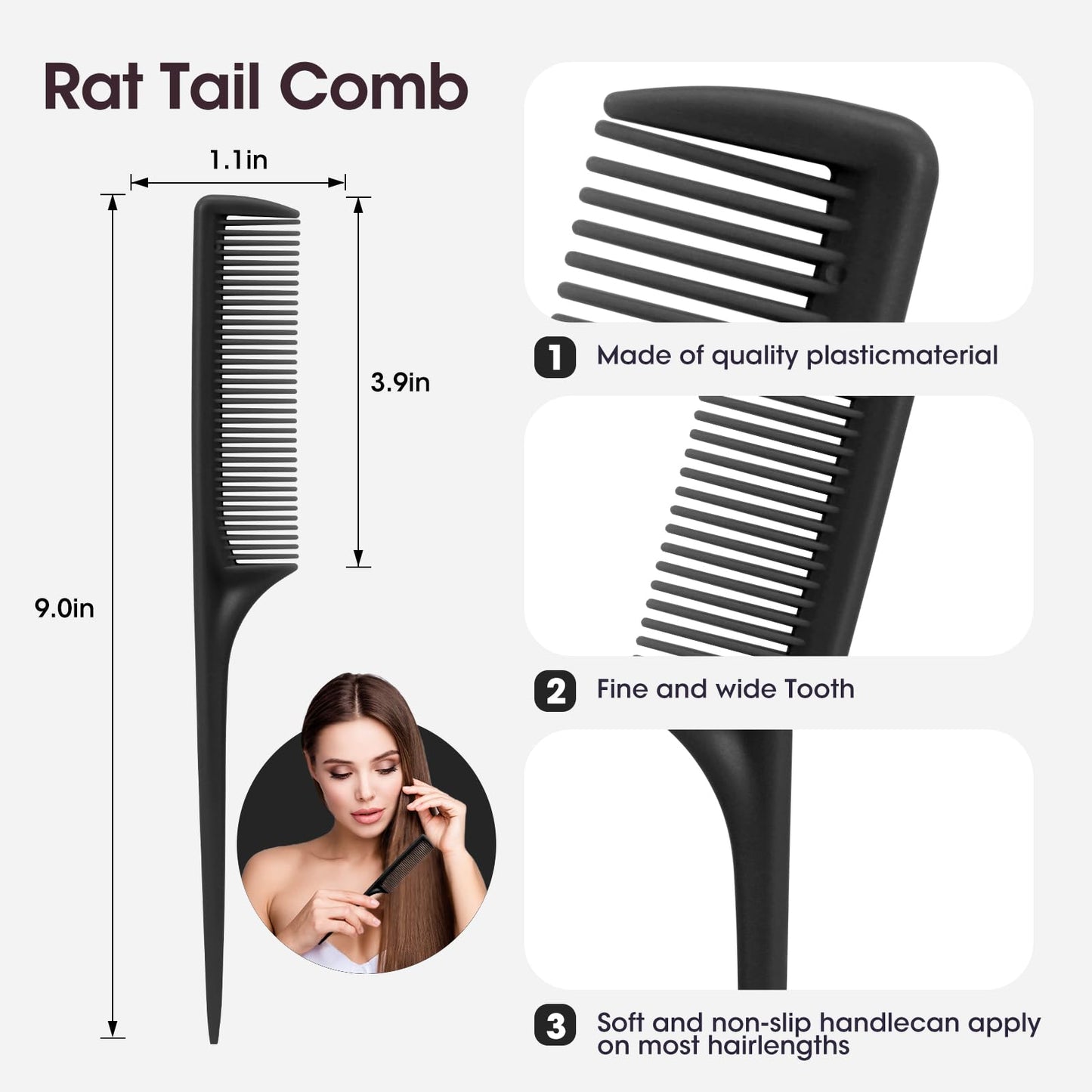 Rat Tail Comb Set-3Pcs Rat Tail Hair Teasing Fine Tooth Combs for Women Girls, Parting &Hair Styling Tools(Black Purple Green)