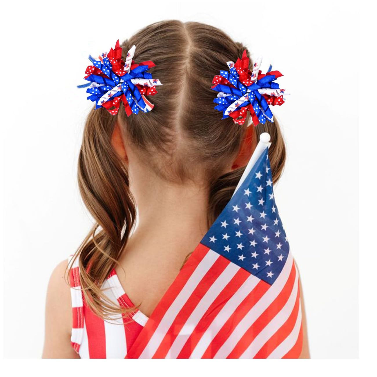 4th of July Hair Clips for Girls 3.9inch Patriotic Curly Ribbon Hair Accessories for Girls American Flag Hair Bow Clips 2pcs